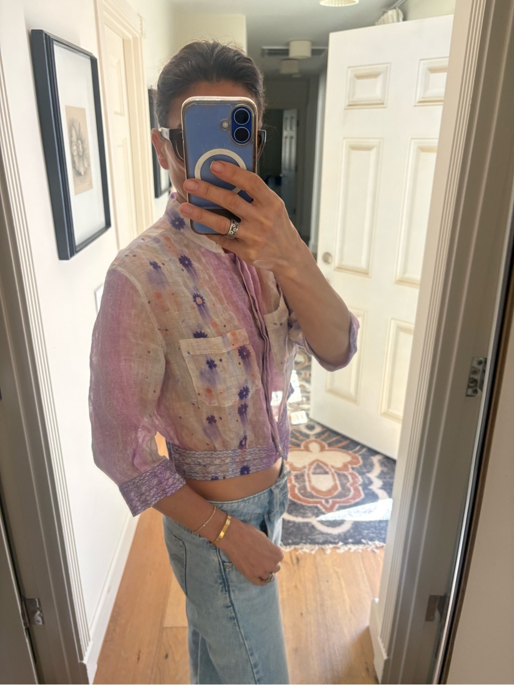 Giorgio Armani SS23 Sheer Linen & Silk Cropped Floral Jacket Shirt Purple IT 42